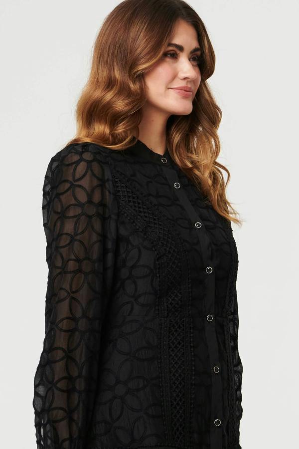 Black | Printed Long Sleeve Smocked Maxi Dress