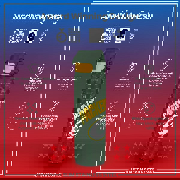 A slim stainless steel water bottle, displaying the Green Bay Packers logo, sits against a gradient background. Award logos are shown. Features include a hide-away handle, crevice-free design, hygiene cover, and wide mouth. "Award Winning Design," "GERMAN DESIGN AWARD WINNER 2024," "GOOD DESIGN," and "2021" are also present.