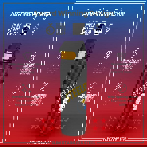 A black and yellow Steelers-branded water bottle stands against a red background. It features a hide-away handle, hygiene cover, and wide mouth. The bottle is advertised as award-winning, and crevice-free.