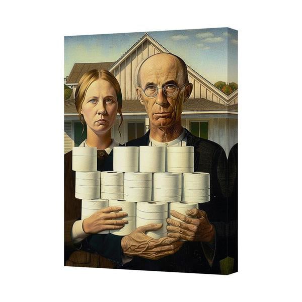 Benjamin Tate Design Contemporary Canvas Art Print Parody Of American Gothic With Toilet Paper Rolls