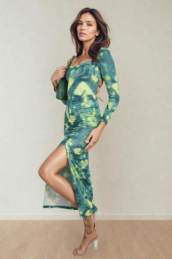 Priscilla Printed Long Sleeve Cross-tied Back Midi Dress - Green
