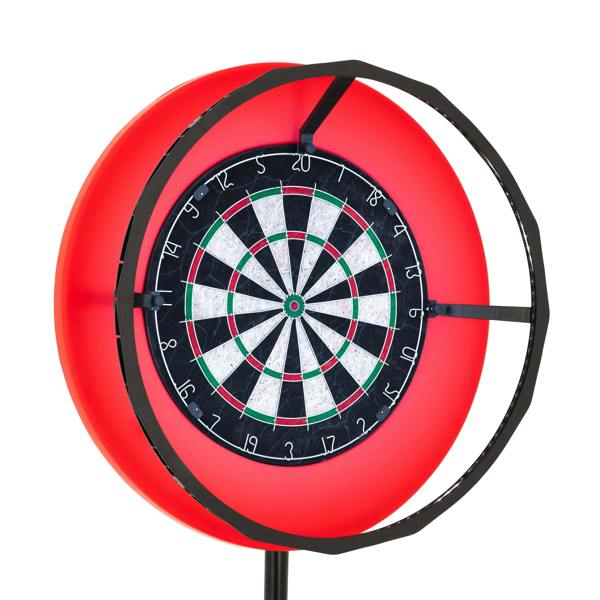 Bright red LED ring light encircles a standard dartboard, enhancing visibility with a sleek black frame and vibrant colors