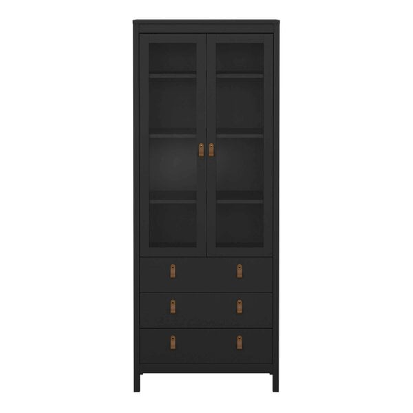 Wyld Haus Wildberry Matt Black Wooden China Cabinet 2 Glass Doors with 3 Drawers Leather Handles