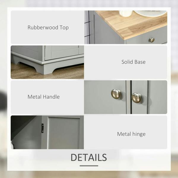 Grey sideboard details: rubberwood top, solid base, metal handles and hinges