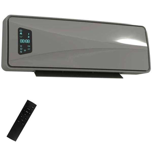 Grey wall-mounted ceramic electric heater with fan, control panel and remote