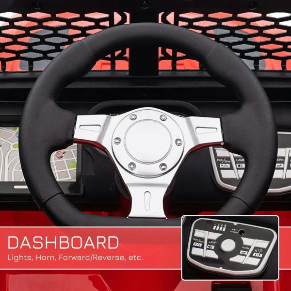 Black steering wheel and red dashboard panel with lights, horn, and forward/reverse controls.