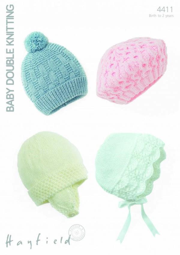 Hayfield Baby DK Knitting Pattern 4411, Headwear for Baby, Birth - 2 Years - Advanced
