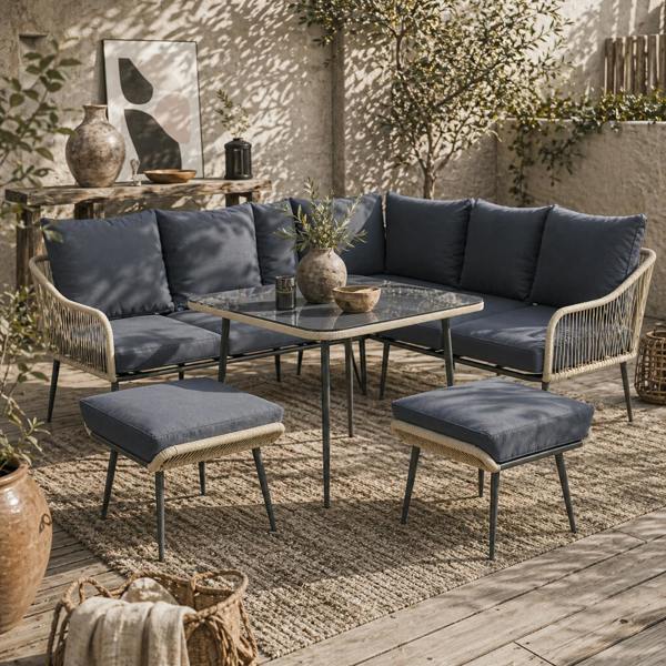 Wyld Haus Vika Natural Rattan Grey 7 Seater Garden Sofa Set with Coffee Table and 2 Stools