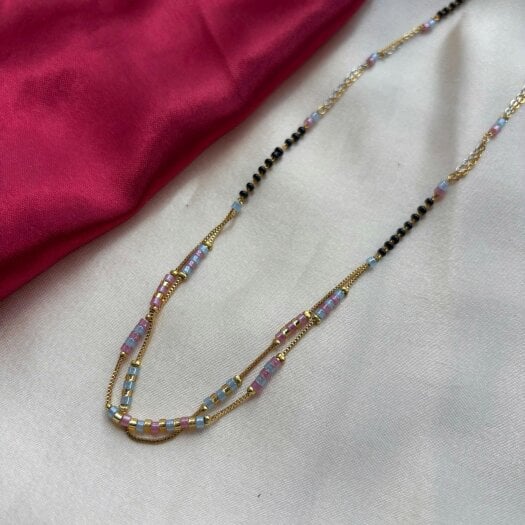 The Colourful Aura Two Layer Gold Pink Grey Seed Bead Indian Traditional Mangalsutra Necklace