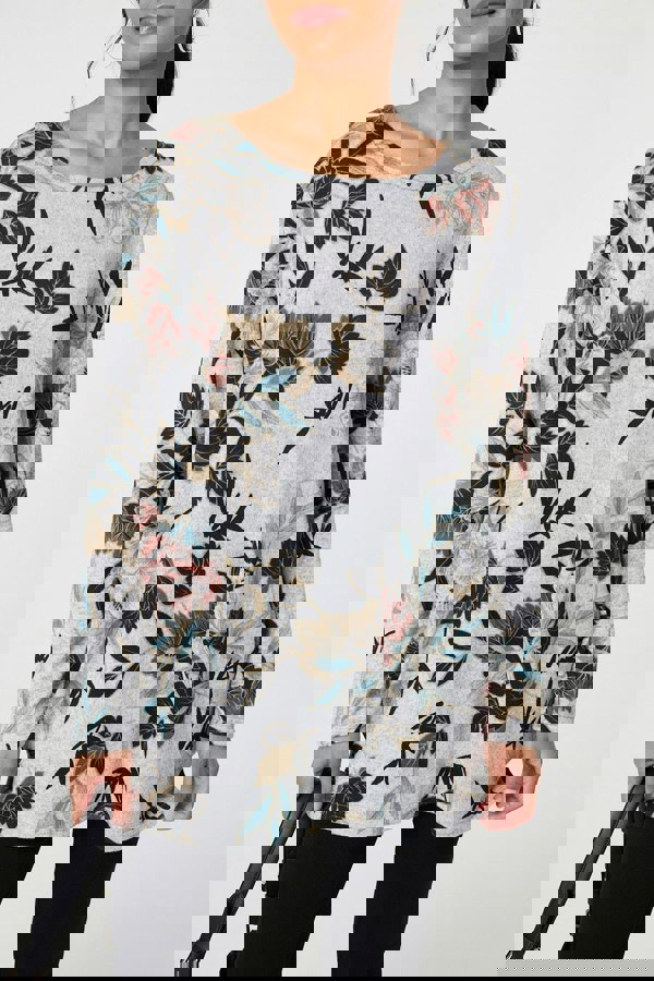 Grey | Floral Wide Neck Relaxed Long Sleeve Top
