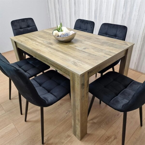 Kosy Koala Dining Table and 6 Chairs Rustic Effect Wood Table 6 Black Velvet Chairs Dining Room