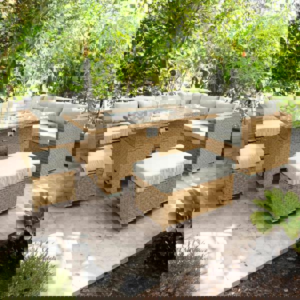 buxton rattan 9 seat rising firepit corner set in mixed brown with taupe cushions