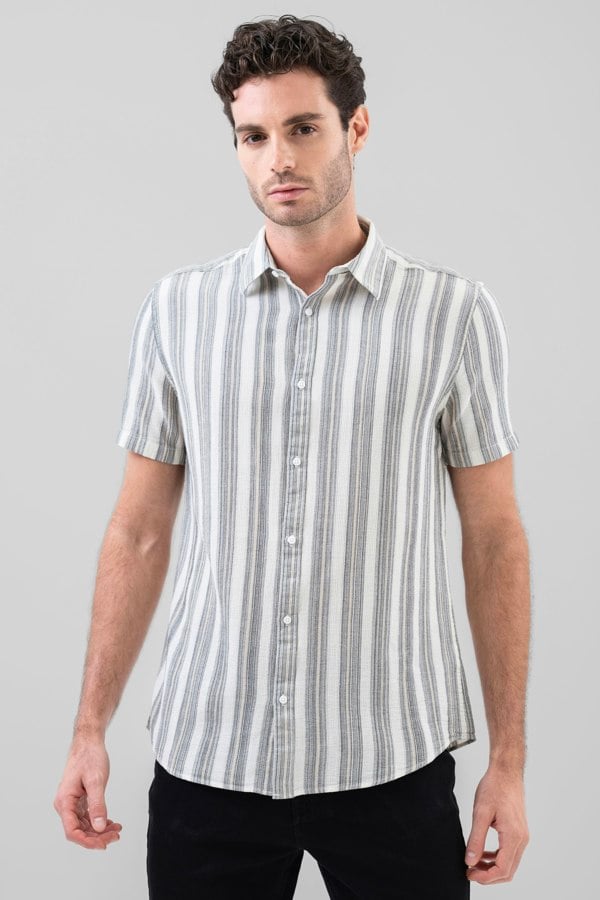 ENORSIA Mens Smoke Stripe Kent Collar Short Sleeve Shirt