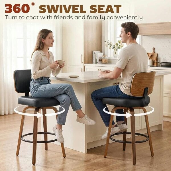 Bar Stools 360° Swivel Breakfast Bar Stools Padded PU Seat Footrest Set of 2 Black