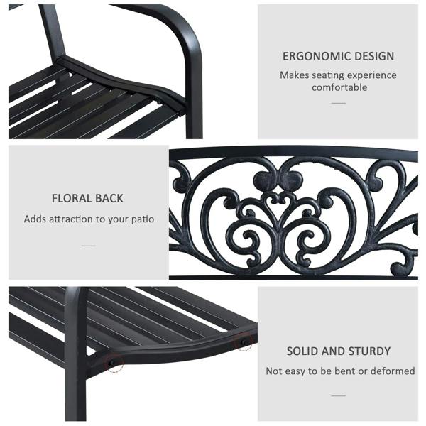 Black steel garden bench with slatted seat and floral scroll back detail