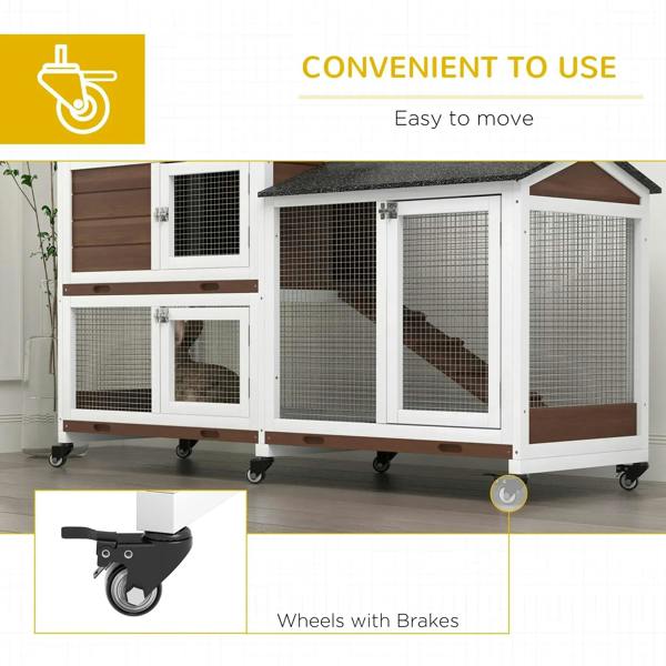 Brown two-tier pet hutch on wheels, mesh doors and interior compartments