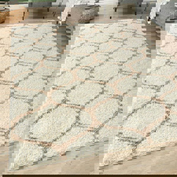 Trellis Design Thick Shaggy Area Rugs Ivory Beige