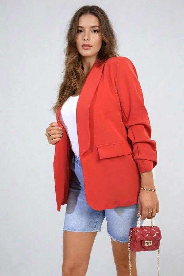 Valerie Ruched Sleeve Open Front Blazer Jacket With Front Pockets - Red