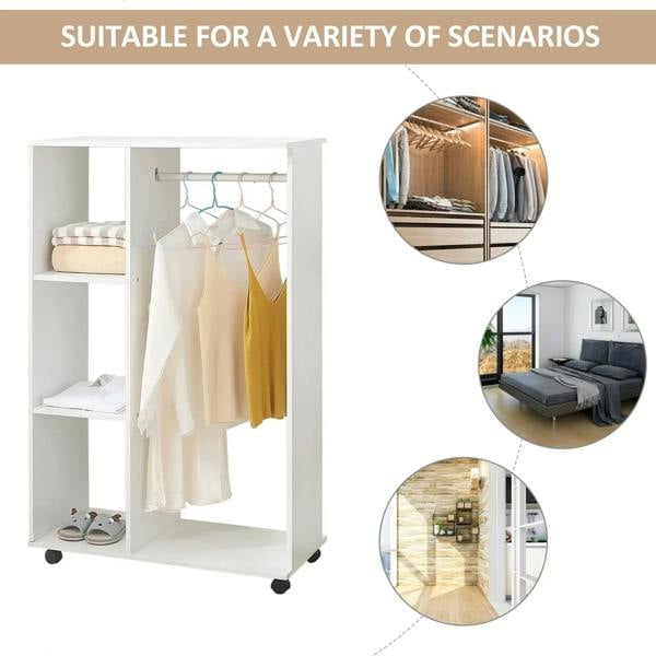 White mobile garment rack with hanging rail and shelves, shown in a doorway