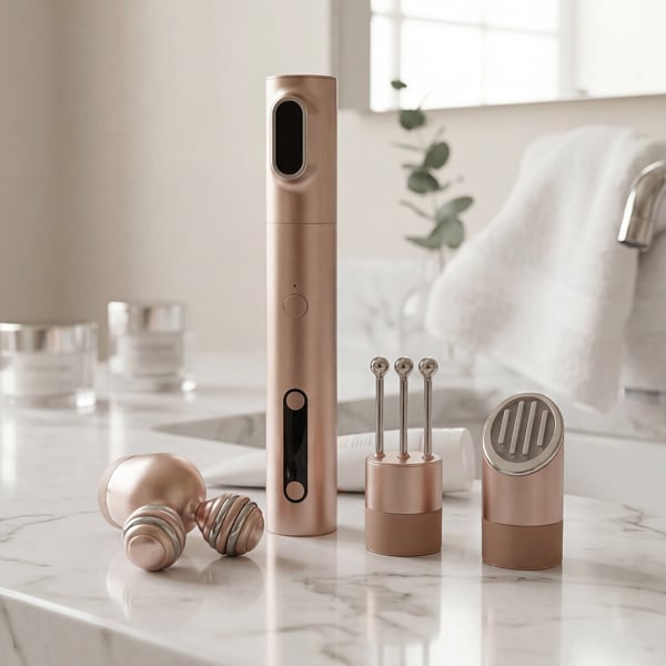 Innocera Platinum skincare device displayed upright on a marble bathroom counter with four interchangeable treatment heads arranged beside it.