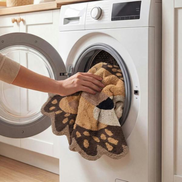 Person loading a patterned towel into a washing machine