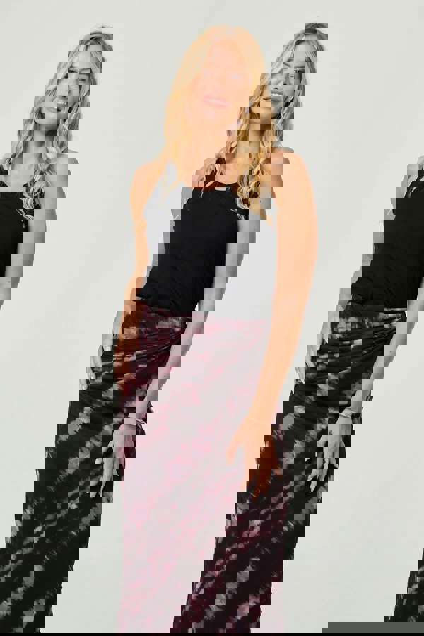 Burgundy | Tie Dye Ruched High Waist Midi Skirt
