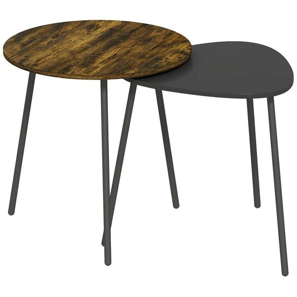 Nesting side table set of 2 with round rustic brown tops and slim metal legs