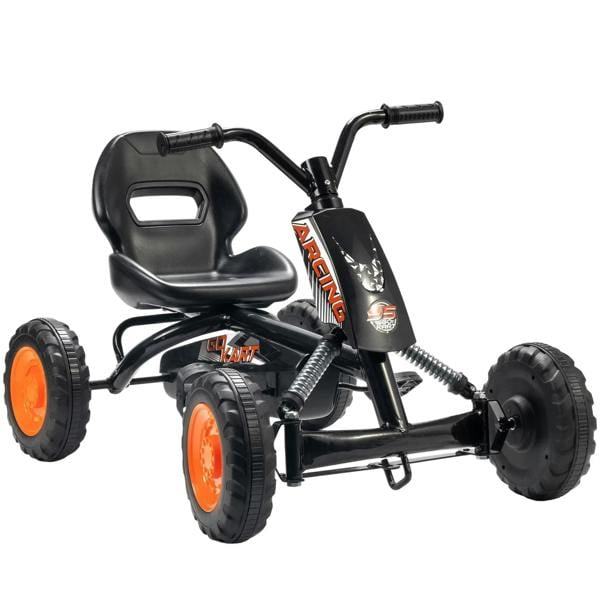 Kids pedal go-kart with black steel frame, knobby wheels and handlebar