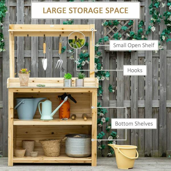 Wood potting bench with hooks, top open shelf, and bottom storage shelves.