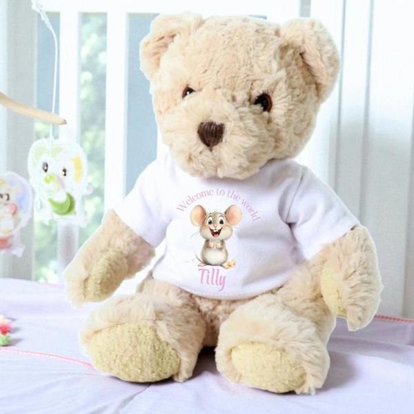 Personalised Pink Mouse Welcome to the World Baby Gift Box - Teddy & Vest