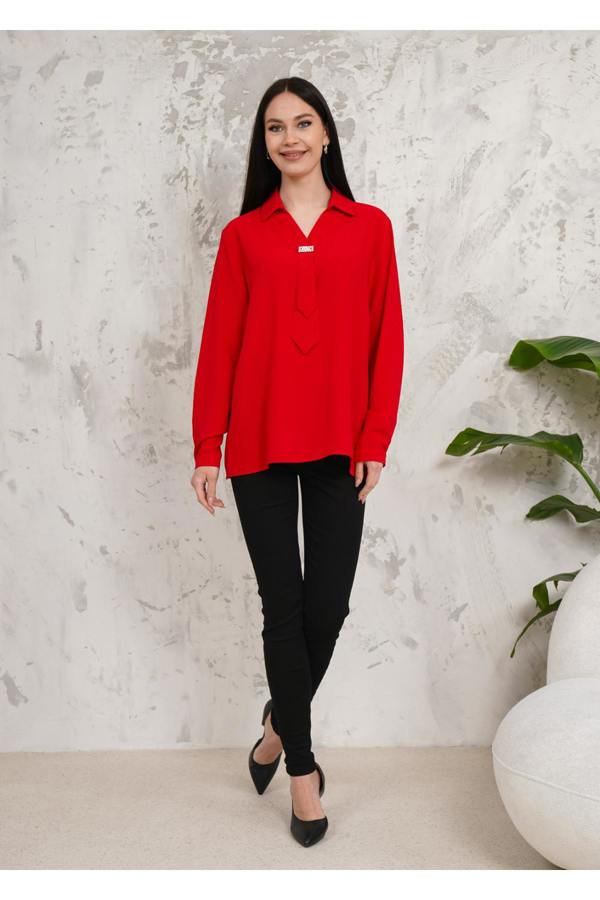 Hoxton Gal Relaxed Fit Long Sleeve Blouse with Tie Detail in Red