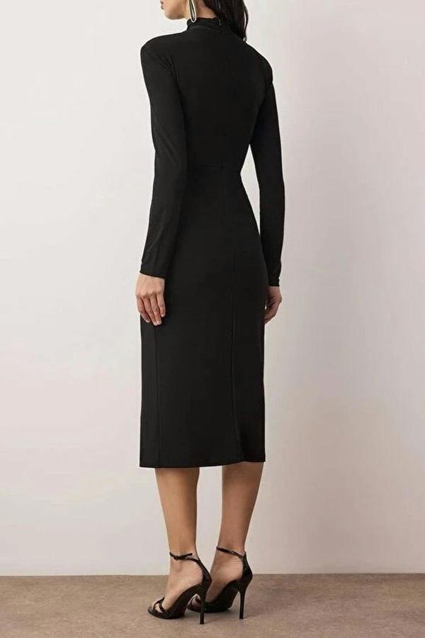 WOVCOR Knitted Midi Unlined Evening Dress with Cut Out Accessory Details