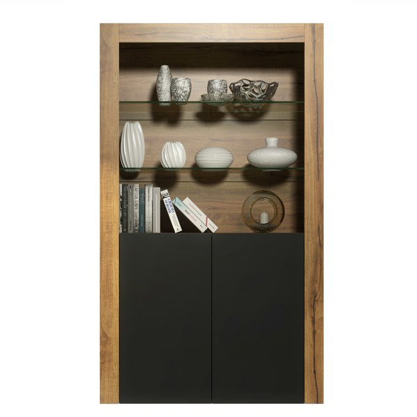 Mex Furniture Tall Display Cabinet 170cm Oak Matt Body and Black Matt Doors – Modern Open Shelving Unit