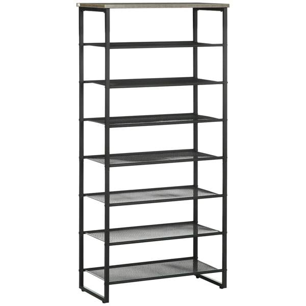 Black 8-tier freestanding shoe rack with mesh shelves and steel frame