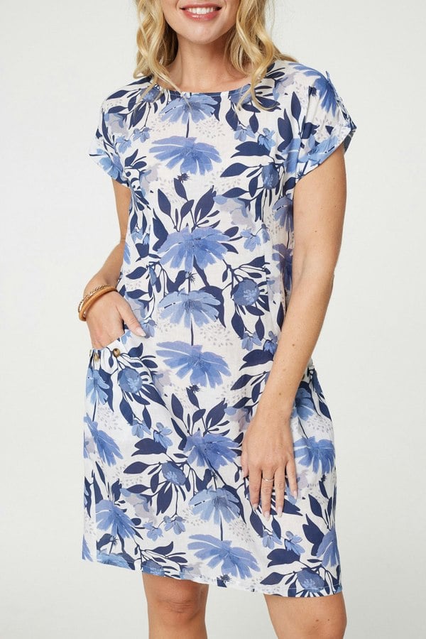 Blue | Floral Cap Sleeve Short Shift Dress