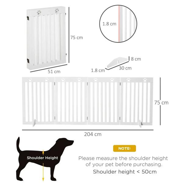 White foldable wooden pet gate with size diagram showing 204 cm width and 75 cm height