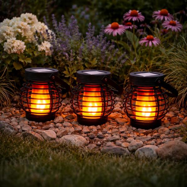 Gardenwize Pack of 3 Solar Hanging Lanterns – Mini Flame Effect LED Lights