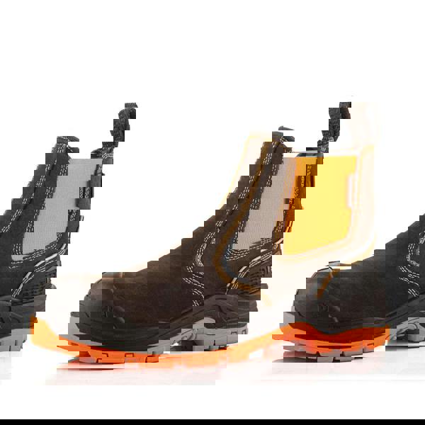 Buckbootz BVIZ3 Mens Pull On S7S Dealer Chelsea Safety Ankle Boots, brown and orange slip-on work boots with safety features and textured sole.