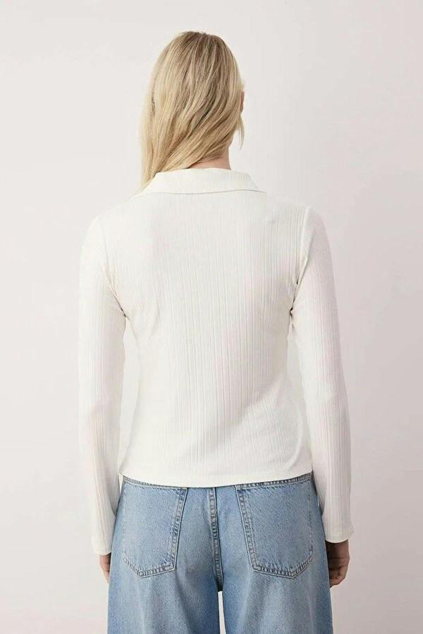 WOVCOR Polo Collar Buttoned Stretch Knit Blouse