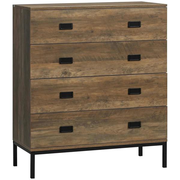 Brown wooden chest of drawers with four drawers and black metal pull handles