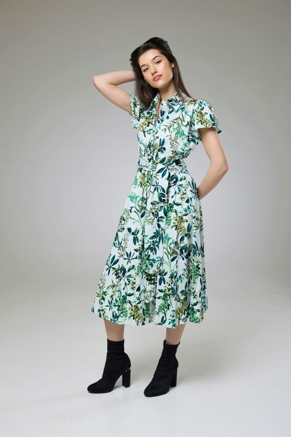 Isha's Timeless collection Flourish Green Flora Short Sleeve Shirt Dress