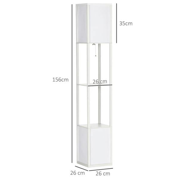 White floor lamp shelving unit with dimensions: 156cm tall, 26cm square