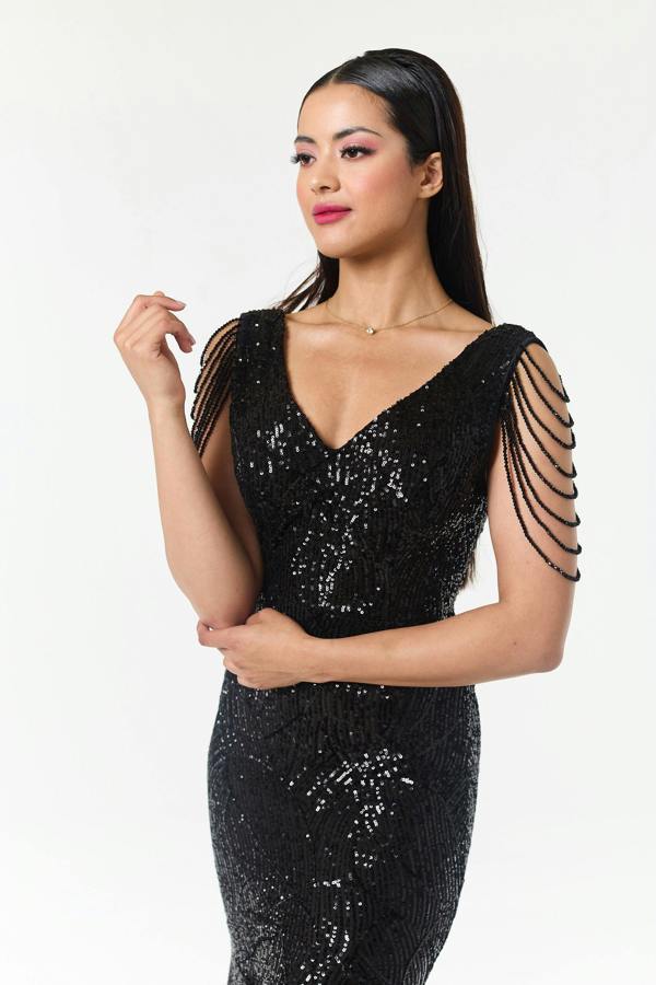 LuvForever Black Jewelled Hi-Lo Sequin Dress