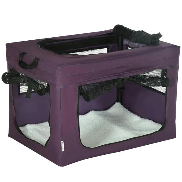 Purple pet carrier with cushion, front mesh window and rolled roll-up top cover