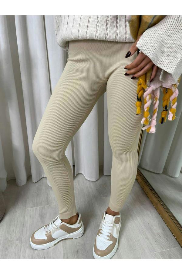 Gabriela High Waisted Rib Curvy Leggings - Biege
