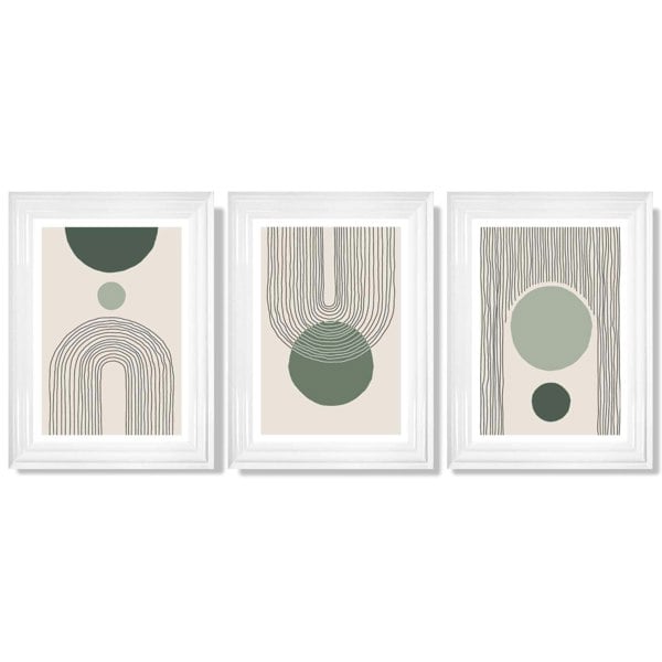 Set of 3 Boho Green and Beige Sketch Rainbows Framed Art Prints with Glossy White Frames