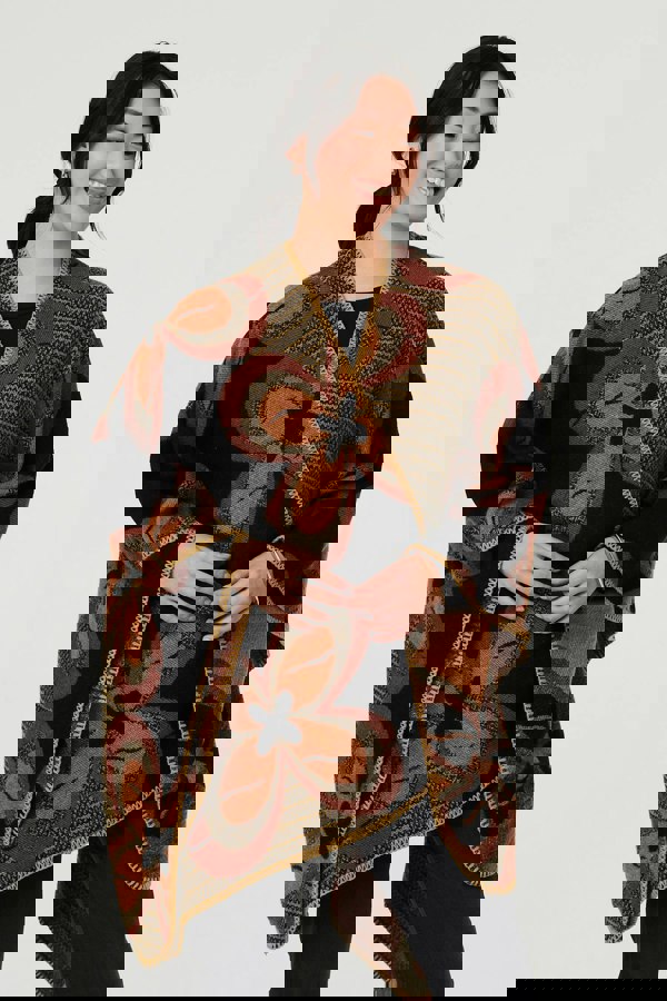 Black | Abstract Floral Print Longline Poncho
