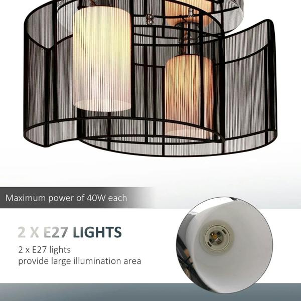 Black wire-cage semi-flush chandelier with two illuminated cylinder shades and chrome rim.