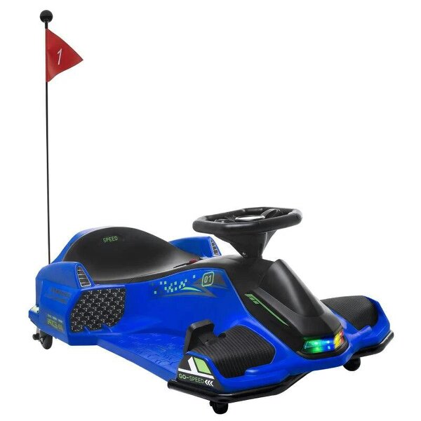 12V Kids Electric Go Kart, Ride on Drift Car with 2 Speeds, Soft Start, Music, Colourful LED Lights for Ages 8-12, Blue