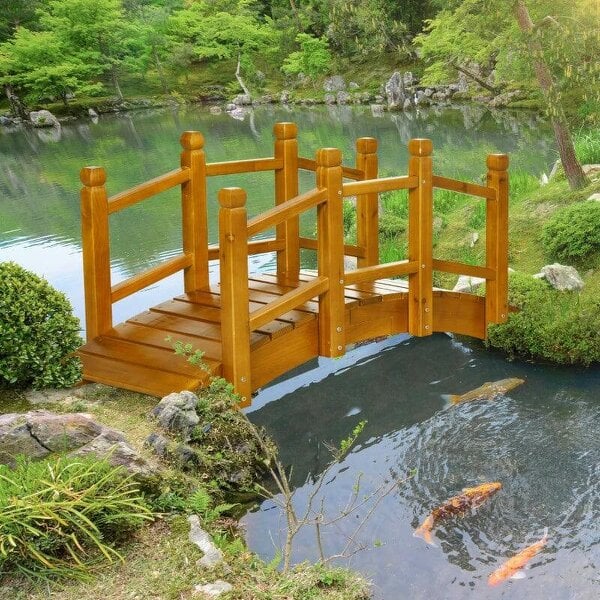 Wooden Garden Bridge with Safety Railings, Arc Footbridge for Pond Backyard Stream, Brown - Brown